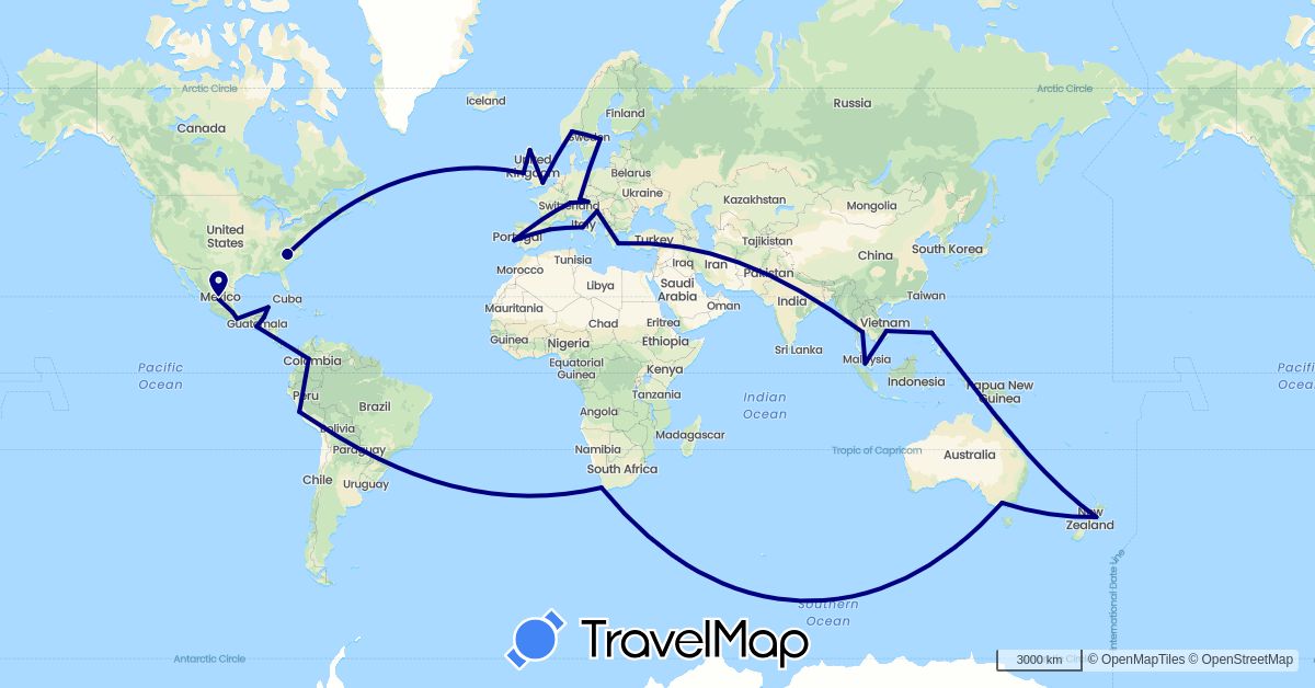 TravelMap itinerary: driving in Austria, Australia, Belize, Switzerland, Colombia, Germany, Spain, United Kingdom, Greece, Guatemala, Croatia, Ireland, Italy, Mexico, Malaysia, Norway, New Zealand, Peru, Philippines, Portugal, Sweden, Thailand, United States, Vietnam, South Africa (Africa, Asia, Europe, North America, Oceania, South America)